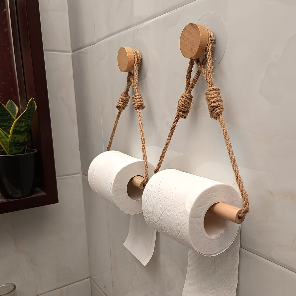 Rustic Toilet Paper Holder – Macramé Rope and Wooden Rod for Bathroom