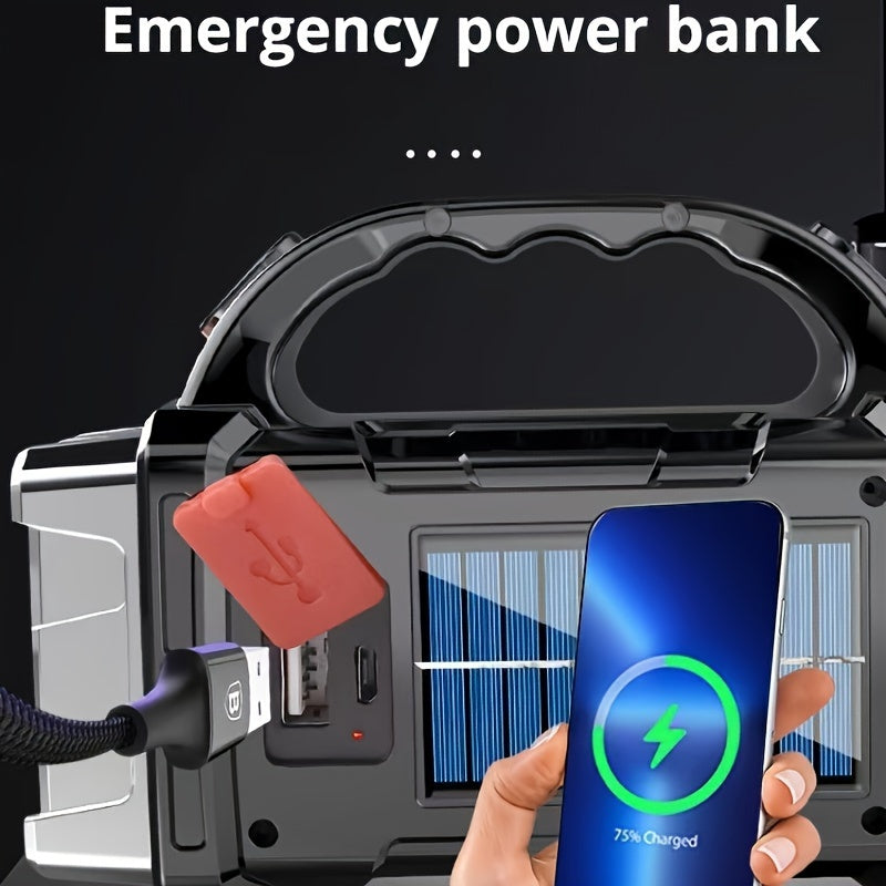 Super Bright LED Spotlight – Rechargeable Power Bank with USB and Solar Energy for Outdoor Adventures