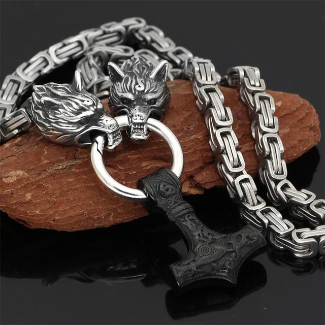 Nordic Wolf & Mjolnir Chain for Men – Stainless Steel Statement