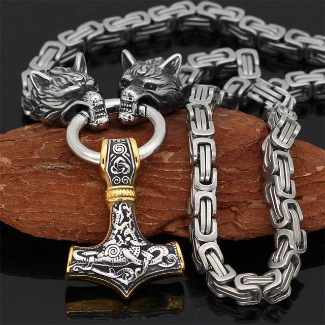 Nordic Wolf & Mjolnir Chain for Men – Stainless Steel Statement